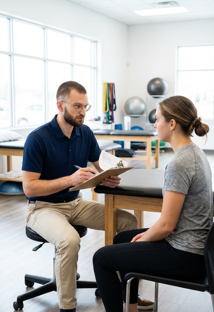 Patient consulting with a physical therapist at a performance physical therapy clinic in San Antonio