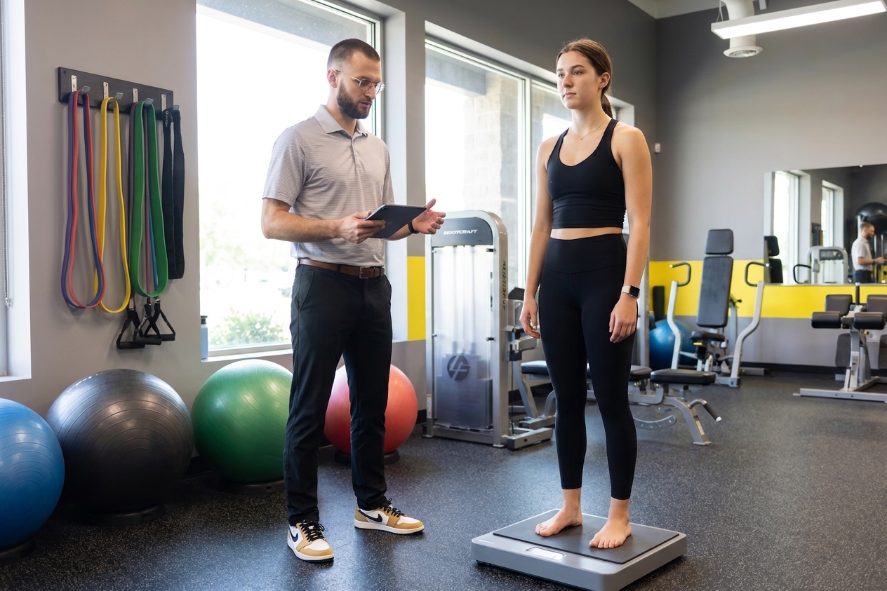 Patient working with a provider at a performance physical therapy clinic in San Antonio, TX during a movement and force plate assessment
