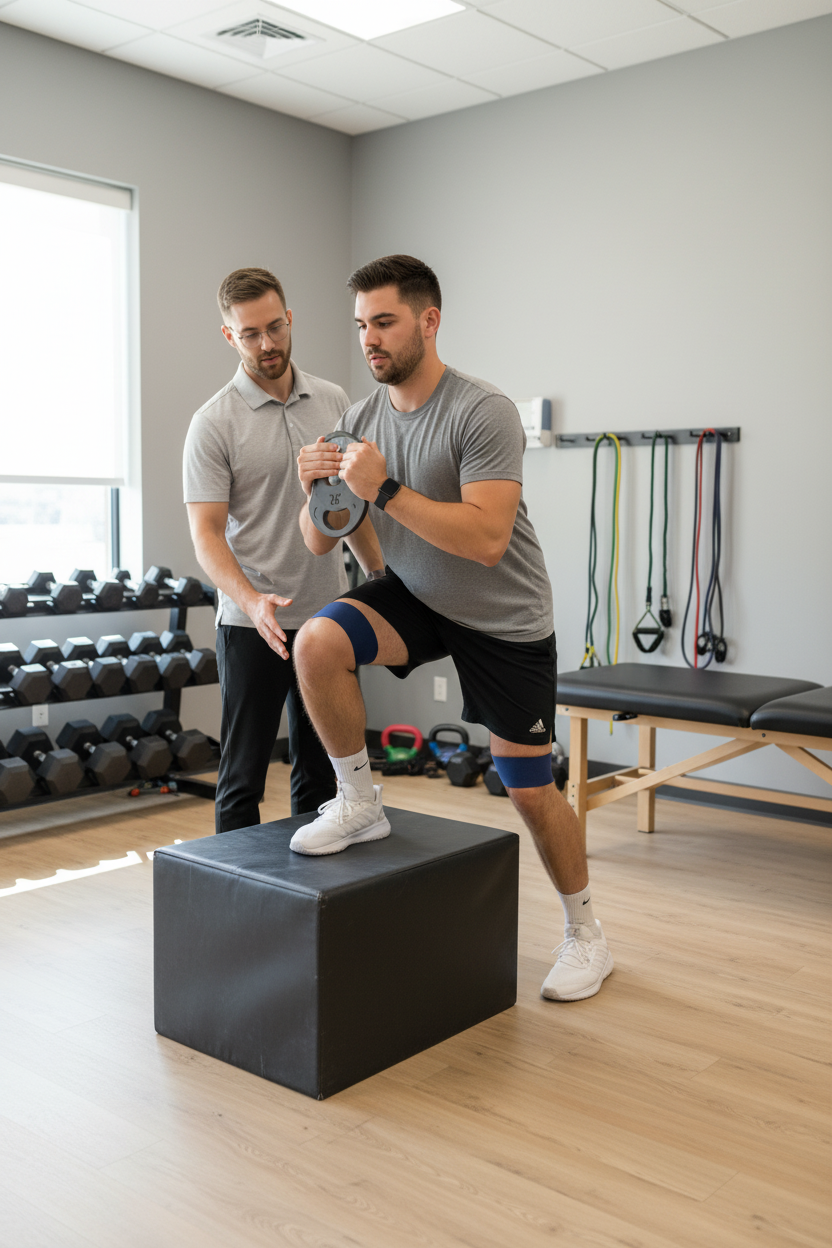  Athlete performing strength training with blood flow restriction therapy at San Antonio performance physical therapy clinic