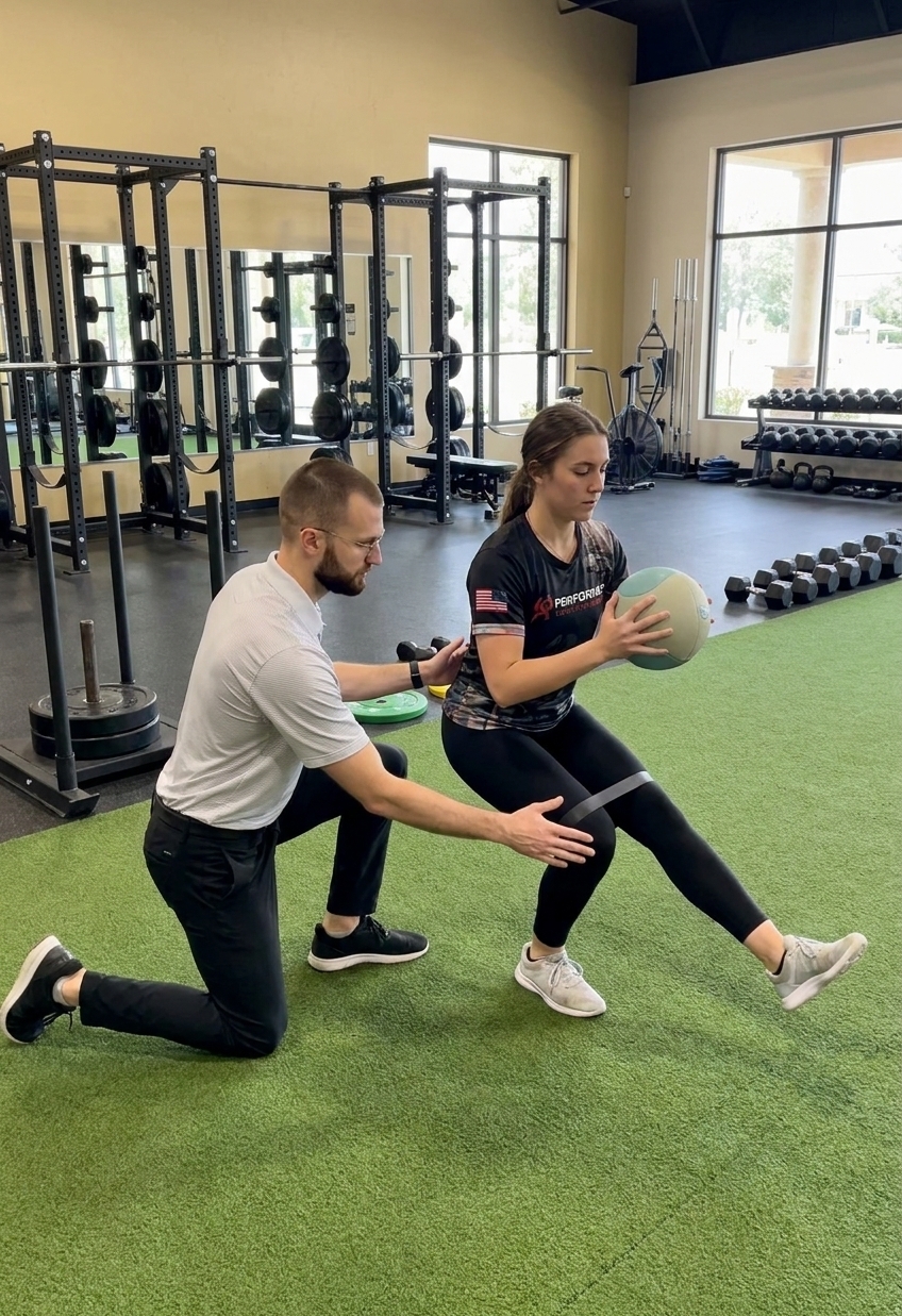 Patient working with a provider at a sports physical therapy clinic in San Antonio, TX during a return-to-sport therapeutic exercise session